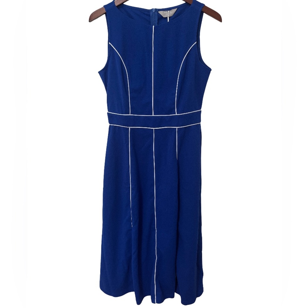 Hobemty Women’s S Blue Fit & Flare Midi Dress Contrast Trim NWT